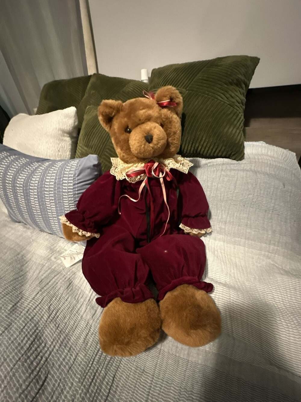 Pacifix International Vintage Plush Teddy Bear in Burgundy Velvet Lace Outfit